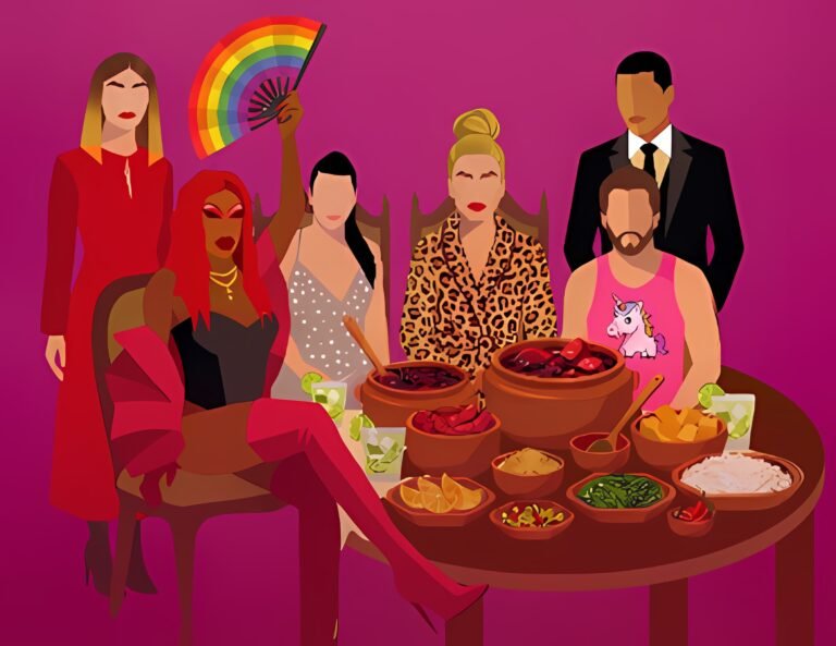 Ilustração do elenco de Almoço com a Estrela reunido em torno de uma mesa de feijoada